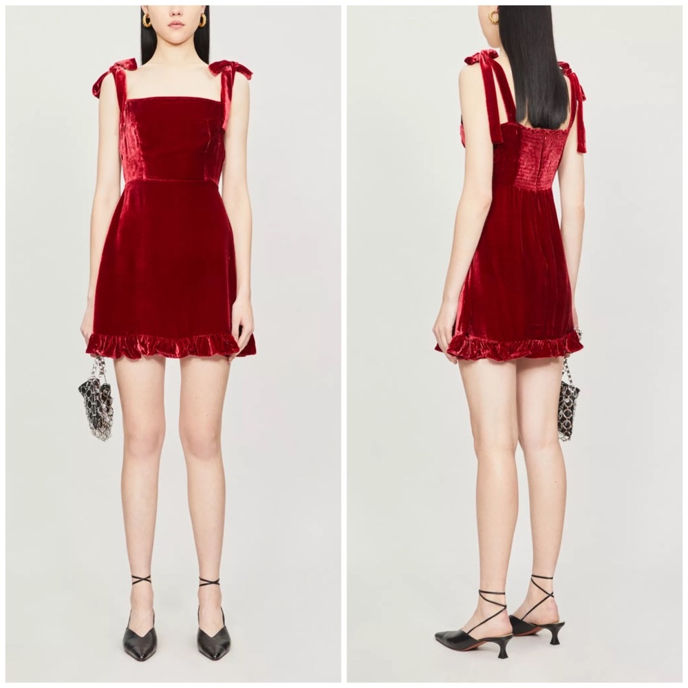 $218 Reformation Red Velvet Ruffle Hem Smocked Back Sleeveless Mini Dress Sz 10 - Picture 2 of 12